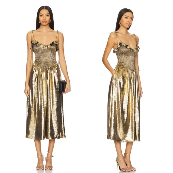 NEW For Love & Lemons Bethany Midi Dressing Gold - Picture 1 of 13